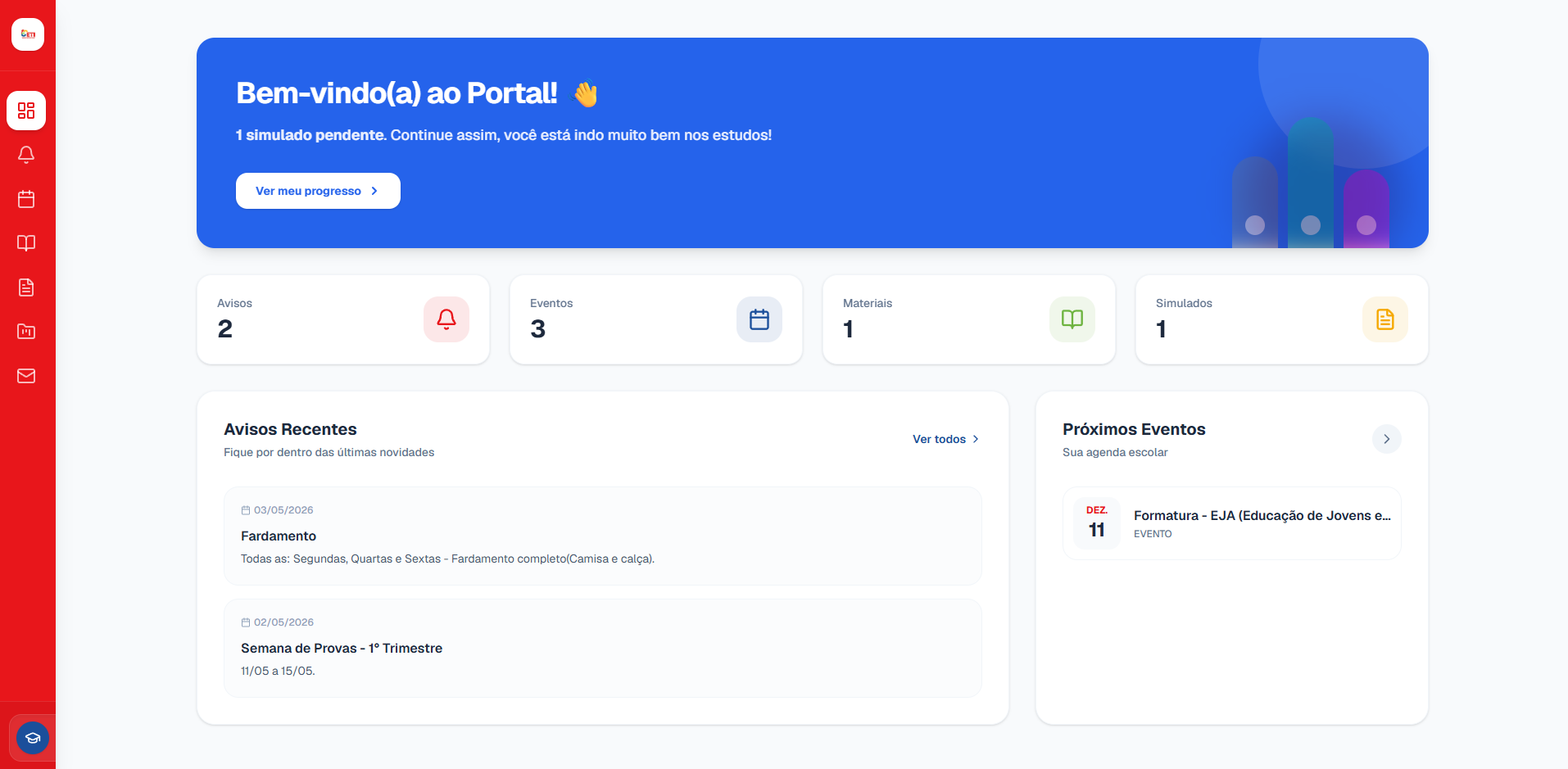 Tela do Portal Acácio com avisos e calendário escolar