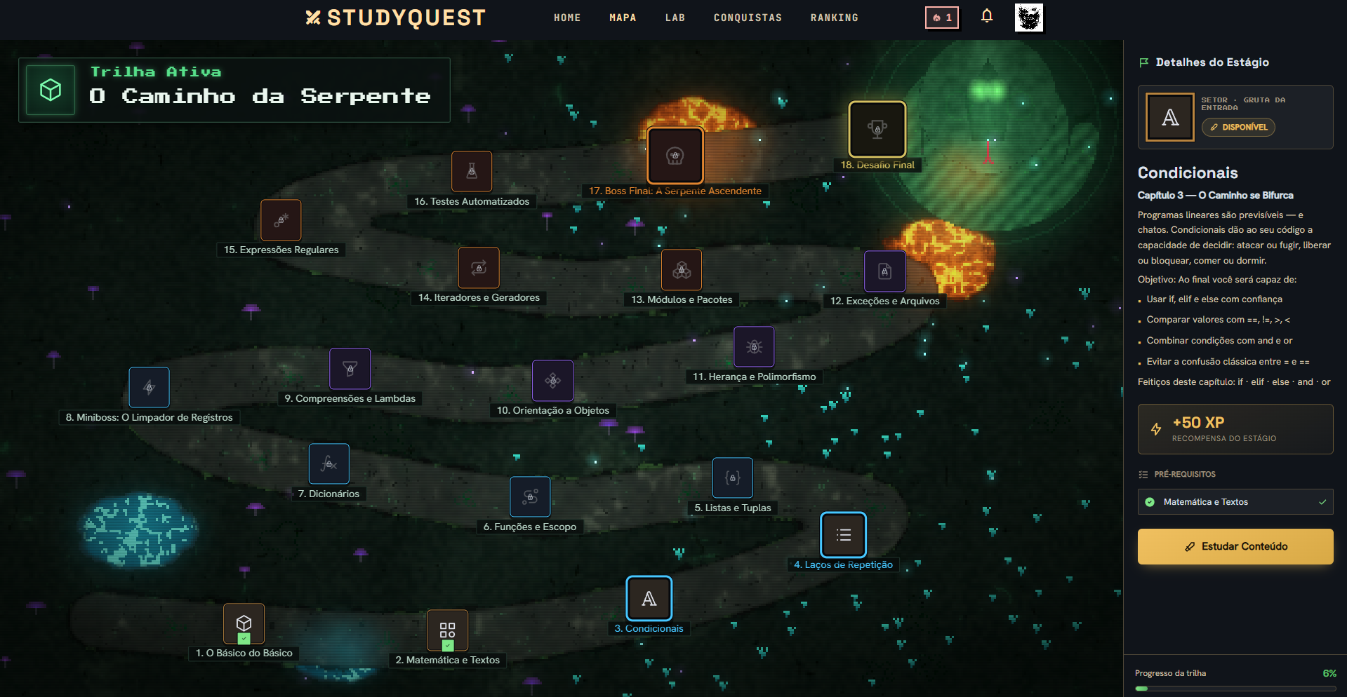 Mapa gamificado e interface do StudyQuest